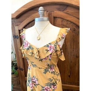 Yellow Floral Cut Out Midi Dress with Shoulder ruffles